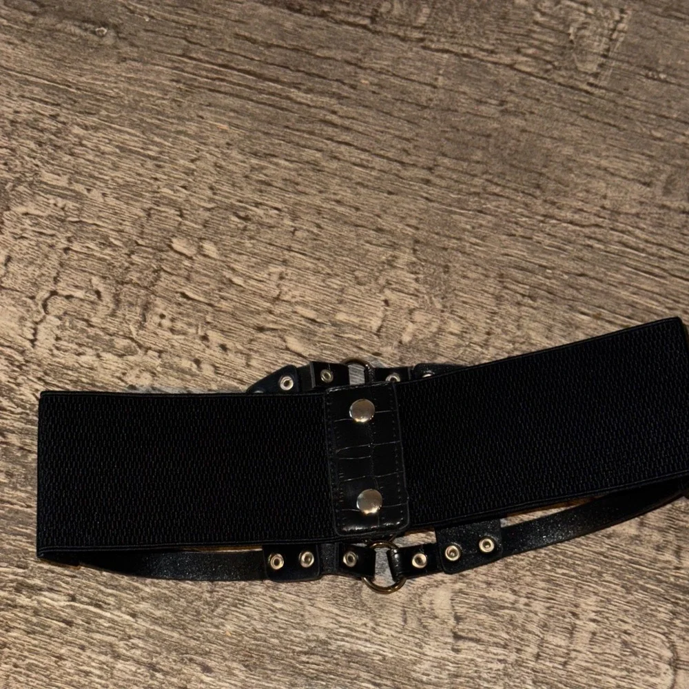 Y2K Goth Wide Elastic Waist Belt Studded O Ring Faux Croc Moto Corset